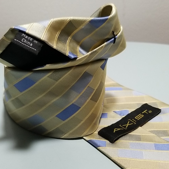AXIST SILK Gold & Blue diagonal box strip Necktie - Picture 7 of 7